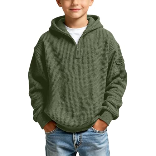 Hoodies for Boys Quarter Zip Waffle Knit Pullover Hooded Sweatshirt Tops