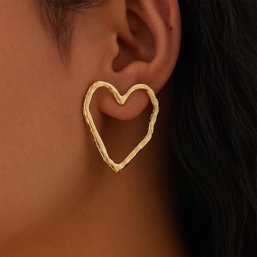 Dainty Big Heart Large Love Stud Earrings for Women, Simple 14K Gold Hollow Love Earring Trendy Personalized Silver Geometric Jewelry Accessories Gift3