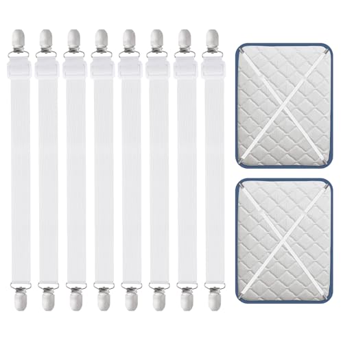 Carehabi 8 Pièces Tendeur Drap Housse,30-120CM Tendeurs De Drap RéGlables pour Drap De Lit,Attache pour draps, Matelas, Planche à Repasser ou canapé Blanc
