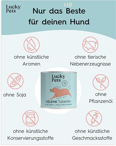 Lucky Pets Gelenktabletten für Hunde 200 Tabletten – Hochdosiert mit Grünlippmuschel, Teufelskralle, MSM und Glucosamin – Unterstützung für Gelenke und Knorpel – Deutscher Hersteller