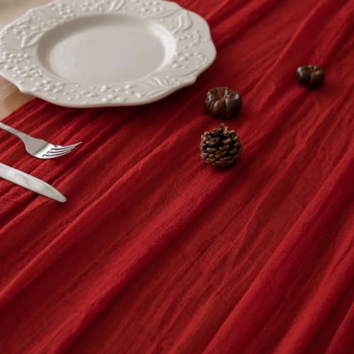 Image of Red Cheesecloth Table Runner 120 Inches for Party Home Decorations | For Wedding Baby Shower Bridal Shower Birthday Engagement Party 10FT Rustic Boho Home Decor