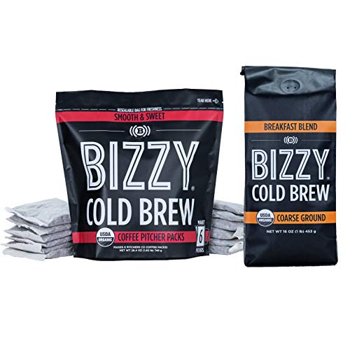 Bizzy Organic Cold Brew Coffee | Bundle | Coarse Ground Coffee | Breakfast Blend 1 Lb + Smooth & Sweet Pitcher Pack 12-Count | 2 Pack #TOP29