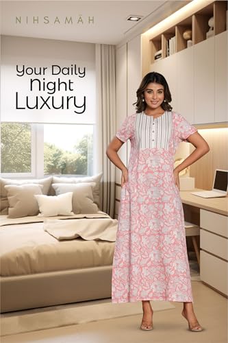 Image of NIHSAMAH Cotton Nighty for Women - Printed Stylish Night Gown, Comfortable Sleepwear Long Nightwear, Maxi