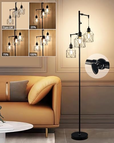 Lightdot 67IN 3-Light Floor Lamp for Living Room, Dimmable Tree Floor Lamp with Black Elegant Cages, Industrial Standing Tall Lamps with E26 LED Bulbs Included, Farmhouse Rustic lamp for Bedroom-Black