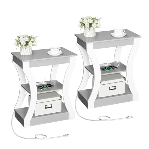 MAHANCRIS End Table with Charging Station, Set of 2, Side Table with USB Ports and Outlets, 3 Tier Nightstand with Storage Shelf for Small Spaces, Living Room, Bedroom, Grey ETSW53E01S2