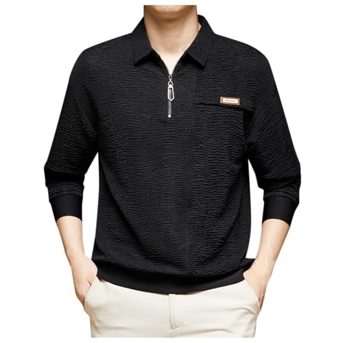 Cexiakong Camisetas de manga larga transpirables para hombre, informales, con cremallera y cuello, con bolsillo, Negro , L