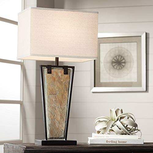 Zion Modern Contemporary Rustic Table Lamp Tapered Natural Slate Bronze Metal Rectangular Shade for Living Room Bedroom House Bedside Nightstand Home Office Entryway Family - Franklin Iron Works