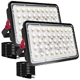 2 Pack 100W LED Flood Lights Outdoor, 3000K Warm White Plug in Flood Light, 10000LM Super Bright Security Lights Work Light, IP66 Waterproof Floodlight for Basketball Court, Yard, Garden, Playground