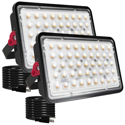 2 Pack 100W LED Flood Lights Outdoor, 3000K Warm White Plug in Flood Light, 10000LM Super Bright Security Lights Work Light, IP66 Waterproof Floodlight for Basketball Court, Yard, Garden, Playground