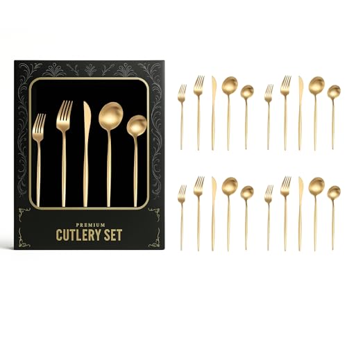 Image of aDai Korean Premium 20 Piece Stainless Steel Cutlery Set | Modern Flatware for Dining | Elegant Gift Box for Everyday Use (Gold)