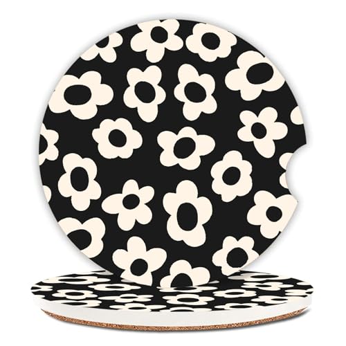 Adastrah Absorbent Car Coasters 2 Pack for Cup Holders, 2.56' Ceramic Stone & Non-Scratch Cork Base Drink Coasters(White Flower)