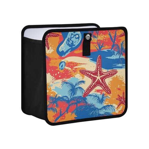 Image of Car Trash Can Organizer Bin with Adjustable Strap for Back Front Seat Console Waterproof Leakproof Collapsible Portable 11 Inch Bright Summer Beach Starfish and Palm Tree
