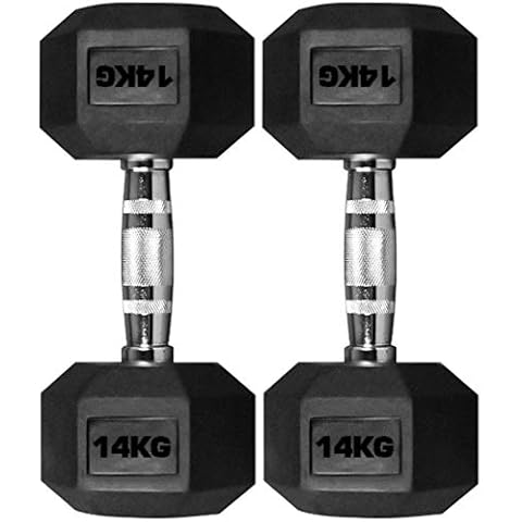 TnP® 2 x 14KG Hex Dumbbells Rubber Encased Solid Weights Sets Hexagonal Hexa Dumbbell Set Gym Cover