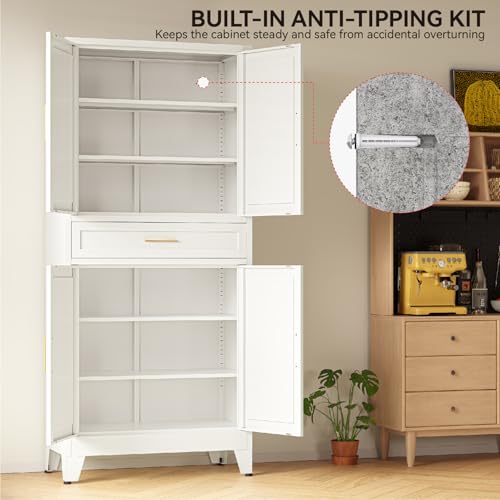 Image of COFaR 71 inch Tall Pantry Cabinet with Drawer, White Storage Cabinet with Adjustable Shelves, 3-Section Freestanding Cupboard for Kitchen Organization