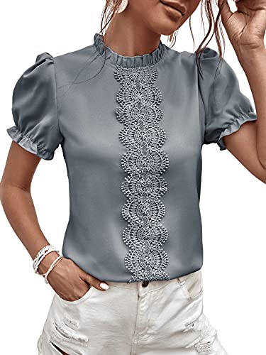 Image of SweatyRocks Women's Mock Neck Short Puff Sleeve Lace Frill Blouse Shirt Top Dusty Blue L