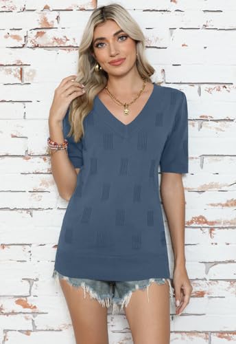 Image of Yincro Womens Short Sleeve Sweaters Fall Summer Tops V Neck Lightweight Knit Pullovers