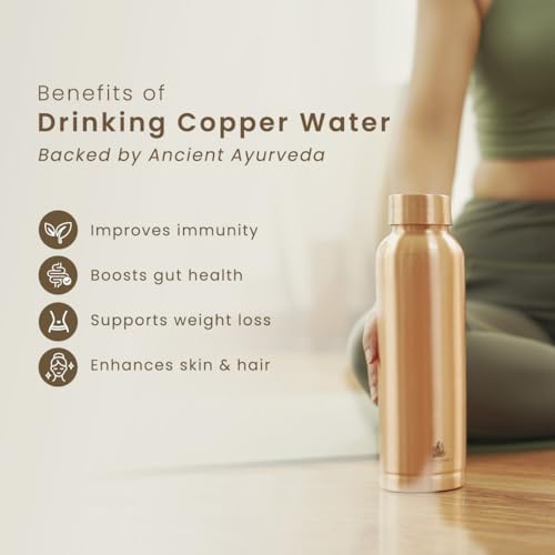 Image of Pure Copper Water Bottle 1 Litre, 7 Chakra, Leak Proof, Boosts Immunity, Ideal For Office, Gym, Yoga, Gifting, 1L