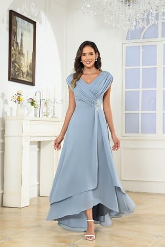 Lace Applique Chiffon Mother of The Bride Dresses A Line Cap Sleeves Evening Gown V Neck Formal Dress for Wedding2