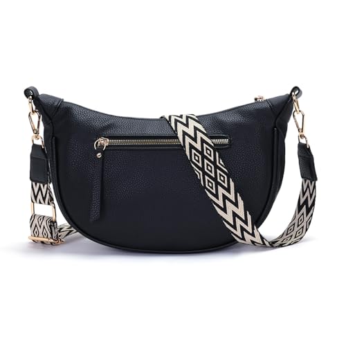 Vezluax Crossbody Bag for Women PU Leather Half Moon Crescent Wide Strap Bum Bag Lightweight Small Shoulder Bag for Trave Festival & Everyday Black