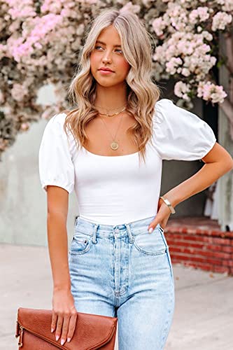Image of oten Women's Sexy Backless Puff Sleeve Square Neck Tie Back Bodysuit Tops