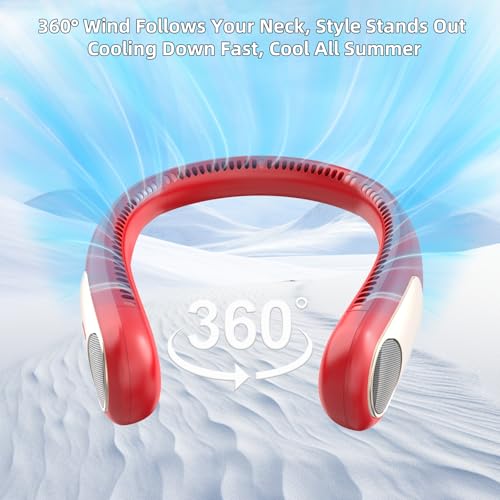 Image of Portable Neck Fan, Personal Wearable Bladeless Fan for Outdoor Indoor, LED Display, 360 Cooling, 4-Speeds, 6000mAh USB Rechargeable, Birthday Gifts for Men Women Dad Mom (Red)