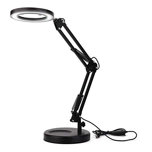 LED Magnifying Lamp, 5X Magnifier Dimmable Glass Light Lens, USB Adjustable Swing Arm lamp for Table Craft or Workbench