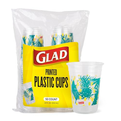 Glad Everyday Clear Plastic Cups with Palm Leaves Print - Sturdy Disposable Drinking Cups for Cold Beverages Parties Picnics and Everyday Use Recyclable #5 Plastic 18 oz 50 Count