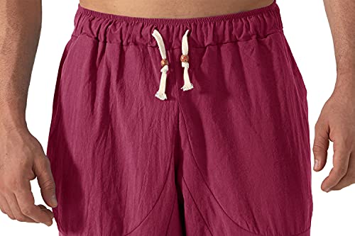 Wohthops Men's Wide Crotch Harem Cotton Linen Wide-Legged Bloomers Baggy Cropped Trousers Wine Red #TOP6