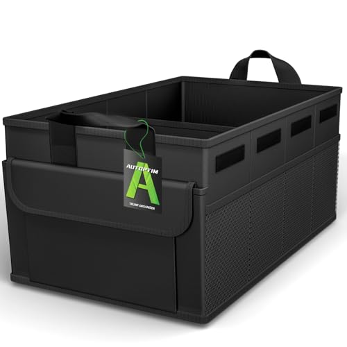 AUTOPTIM Trunk Organizer - Collapsible Car Organizer with 5 Pockets, Trunk Organizer for SUV, Sedan & Van with Sturdy Base Panel for Car Accessories, 2 Compartments (Black, Medium)