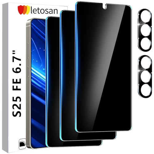 letosan 3 Pack Privacy Screen Protector for Samsung Galaxy S25 FE Tempered Glass + 2 Pack Camera Lens Protector True 25Anti Spy 9H+ Hardness Fingerprint Unlock Case Friendly Bubble-Free 6.7Inch