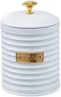 Pote para Açúcar de Metal c/Tampa Friso Branco Premium c/Puxador Dourado Pote Redondo 16x10x10cm 1lt. Porta Mantimentos Moderno e Elegante