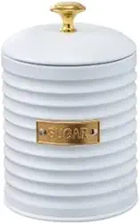 Pote para Açúcar de Metal c/Tampa Friso Branco Premium c/Puxador Dourado Pote Redondo 16x10x10cm 1lt. Porta Mantimentos Moderno e Elegante