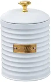 Pote para Açúcar de Metal c/Tampa Friso Branco Premium c/Puxador Dourado Pote Redondo 16x10x10cm 1lt. Porta Mantimentos Moderno e Elegante