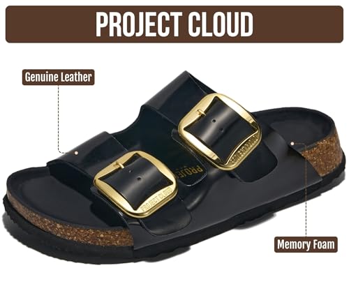 Image of Project Cloud 100% Genuine Leather Footbed Sandals for Women 2026 Comfortable Beach Essentials Womens Sandals Memory Foam Vacation Essentials Slides for Women Footwear (Santorini)