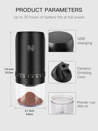 DOSCHER مطحنة قهوة كهربائية ، رأس طحن فائق النعومة من الدرجة الاحترافية ، رأس طحن قابل للتعديل ، واجهة USB قابلة لإعادة الشحن ، سهلة التنظيف