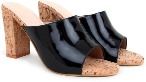 Image of Action Patent Leather Sandals| Pattern| Transparent Block Heel| Ankle Strap Black