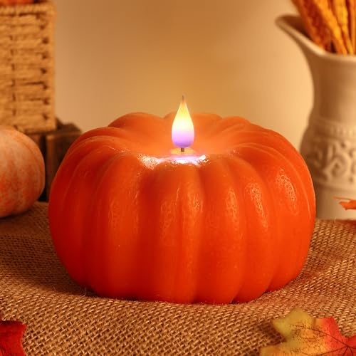 Meonum Pumpkin Candle Holder Fall Thanksgiving Decor for Home, Flameless Candle with Timer, Handcrafted Paraffin Wax for Harvest Decorations, Thanksgiving, Halloween, Christmas, Table Decor(Orange)