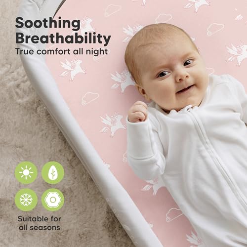 Image of 2-Pack Organic Bassinet Sheets for Girls, Boys - 100% Cotton Bassinet Mattress Sheets Compatible with Halo Bassinest Swivel Sleeper, Graco,Baby Delight,Chicco,Unisex Fitted Bassinet Sheets (Dreamland)