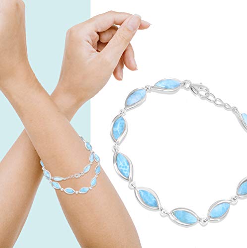 Sterling Silver 7.5" Marquise Natural Larimar Link Bracelet #TOP1