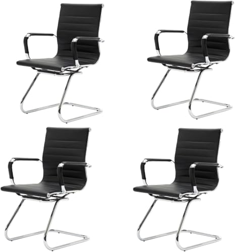 Image of HNY Leather Office Guest Chairs & Reception Chairs Set of 4, Modern Waiting Room Chairs with Arms, Desk Chair no Wheels with Sled Base for Waiting Room /Conference Room, Black