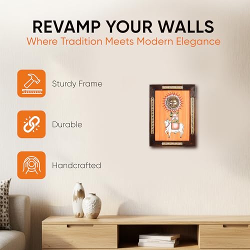 Image of Nandi Wall Accent with beautiful painting of Nandi and Shiva in Brass in Backdrop | Handcrafted Wall Art for Home Decor & Office Spaces