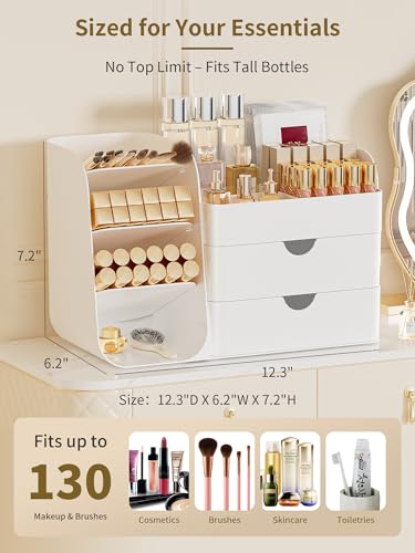 Image of Booklov Small Makeup Organizer for Vanity and Bathroom Countertop, White | Plastic Cosmetic Display Case with Drawers, Beauty Brush Holder for Dresser Counter, Storage Skin Care Eyeshadow Lipstick