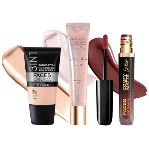 FACES CANADA Celeb Glow Combo | Strobe Cream - Rose Gold 18ml + Hydra Matte Foundation - Rose Ivory 18ml + Comfy Matte Wow - Cocoa Crush 3.8ml | Highlighter | Highly Pigmented | Pack of 3