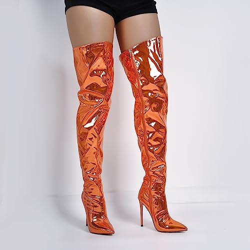 richealnini Metallic Thigh High Boots with Side Zipper Sexy Closed Pointed Toe Stiletto Heels Biker Motorcycle Boots Wedding Party Dress2
