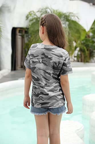 Image of Girls Camouflage Stripe Short Sleeve Shirts V Neck Criss Cross Tees Sweat Kids Casual Sport Tops Blouse(4-15T)