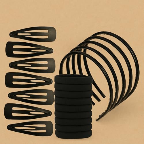 Image of Elcaro Hair Accessories Set - Black Headbands (3 pcs), Hair Ties (20 pcs), Tic Tac Clips (12 pcs), Complete Hair Care Set for School Girl, Office Women, Gymnastics