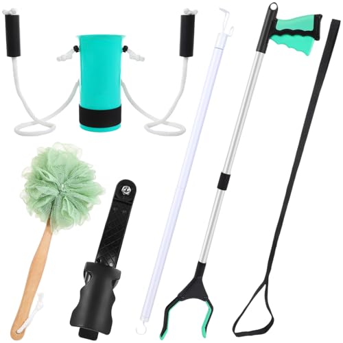 Domensi 6 Pcs Total Hip Kit with Leg Lifter Hip Back Knee Replacement Recovery Aid for Seniors Pregnant 32'' Foldable Grabber Sock Assist Device No Bending Shoe Horn Dressing Stick Bath Sponge (Green)