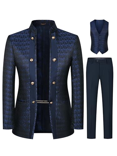 Suits for Men 3 Pieces Slim Fit Stand Collar Printed Tuxedo Blazer Vest Pants Wedding Prom Party Event Banquet Business