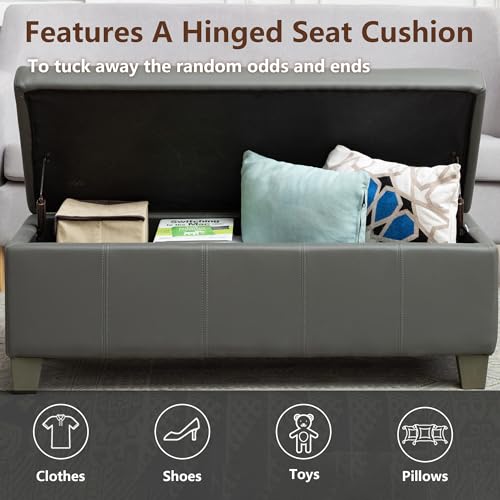 Image of 51 Inch Storage Ottoman, Storage Bench with Safety Hinge, Upholstered Synthetic Leather Ottoman Bench for Bedroom, Living Room, Entryway, Hallway, Foot Rest, Support 500lbs