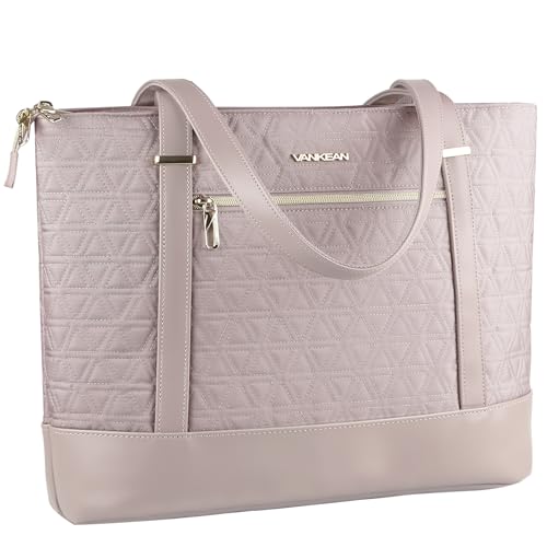 VANKEAN Laptop Bag for Women, 15.6 Inch Work Bag Waterproof Computer Shoulder Bag with USB Port, Large Tote Bag for Work Business Travel, Quilted Pink